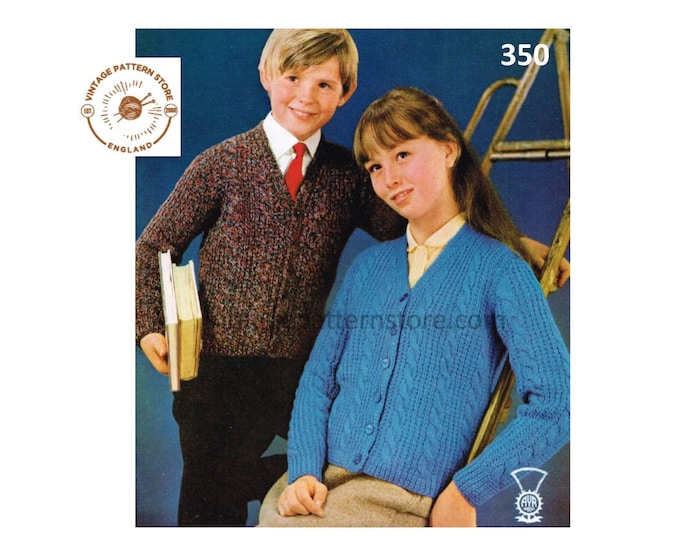 Girls Boys Childrens 80s vintage V neck cabled twist cable and ribbed DK raglan cardigan pdf knitting pattern 28" to 36" chest Download 350