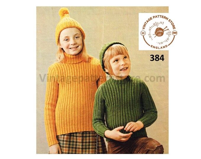 Boys Girls 70s vintage polo or crew neck skinny rib ribbed DK sweater jumper & hat cap pdf knitting pattern 24" to 34" Instant Download 384