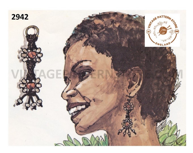 Ladies Womens 70s vintage fun quick & easy to make macrame earrings jewelry jewellery beginners pdf macrame pattern Instant download 2942