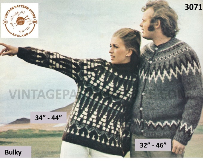 Ladies Womens Mens 80s bulky knit crew neck fair isle banded sweater jumper and yoked cardigan pdf knitting pattern 32" to 46" Download 3071