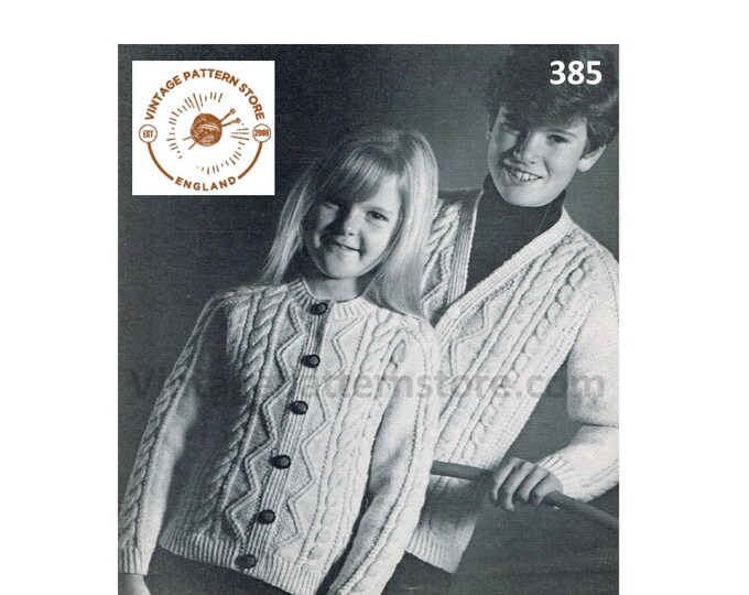 Girls Boys 80s vintage V or round neck cable cabled raglan aran cardigan pdf knitting pattern 24" to 32" chest Instant PDF Download 385