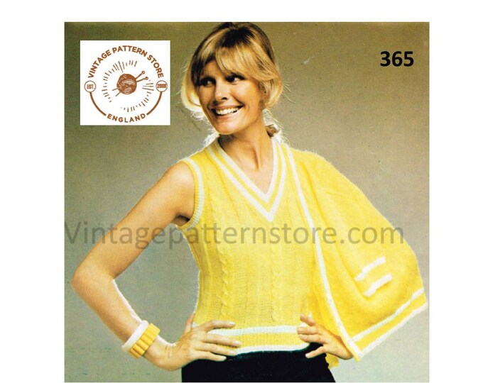 Ladies Womens 70s vintage 4 ply V neck cable cabled slipover sweater vest & raglan cardigan pdf knitting pattern 34" to 38" PDF Download 365