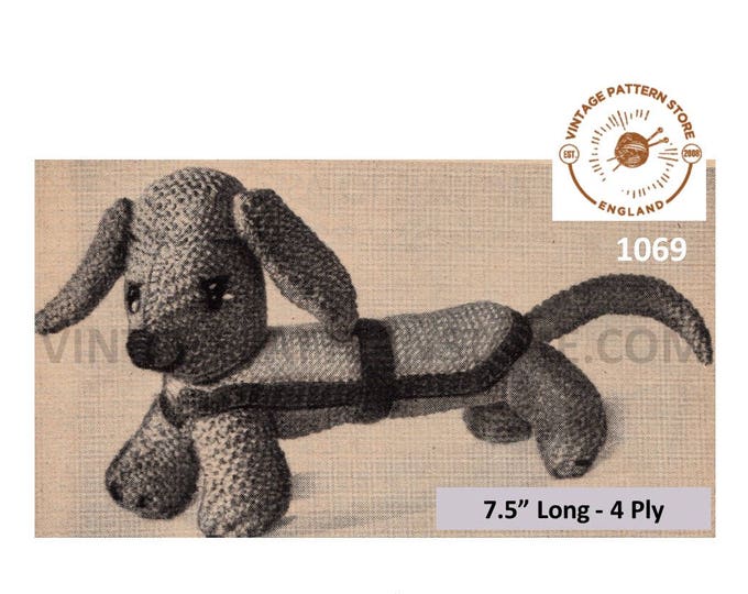 50s vintage easy to knit DK & 4 ply cuddly toy dachshund sausage dog pdf knitting pattern 7.5" Long Instant PDF download 1069