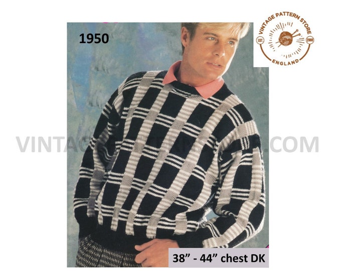 Mens Mans 90s vintage DK round neck check drop shoulder dolman sweater jumper pdf knitting pattern 38" to 44" chest Instant download 1950