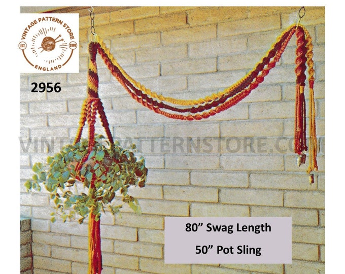 70s vintage sling & swag macrame plant hanger pdf macrame pattern, 70s retro Indoor garden gardening 50" long plus 80" swag Download 2956