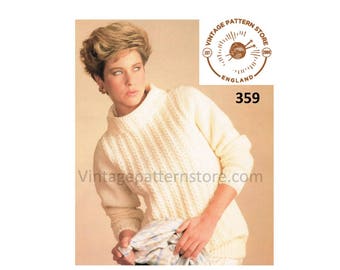 90s Vintage Aran Cable Sweater Knitting Pattern, Funnel Neck (PDF Pattern) 28" - 38" Chest