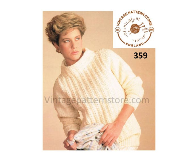 Ladies Womens 90s funnel neck cable cabled textured raglan aran sweater jumper pullover pdf knitting pattern 28" to 38" chest Download 359