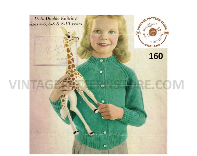 Girls 50s vintage simple and easy to knit DK crew neck raglan cardigan pdf knitting pattern 24" to 28" chest Instant PDF download 160