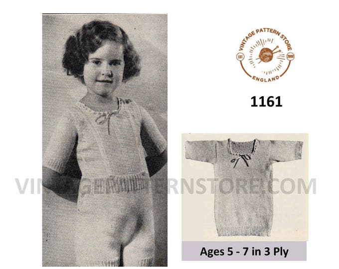 Girls 30s vintage 3 ply round neck bodice vest and panties knickers underwear pdf knitting pattern Age 5 to 7 Instant PDF download 1161