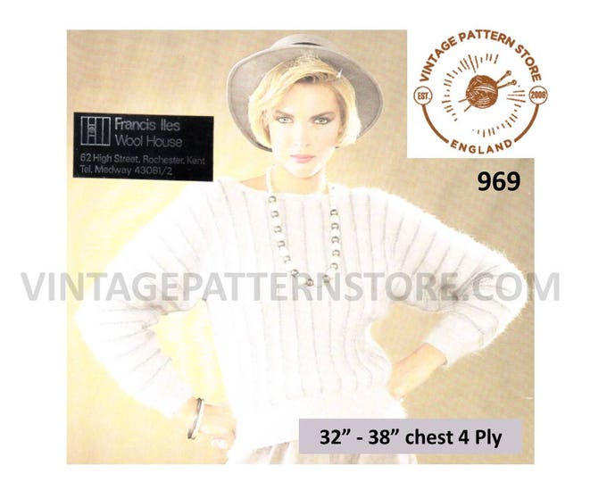 Ladies 80s sweater knitting pattern, Ladies Womens 80s contrast stripe dolman 4 ply sweater pattern - 32" - 38" chest PDF download 969