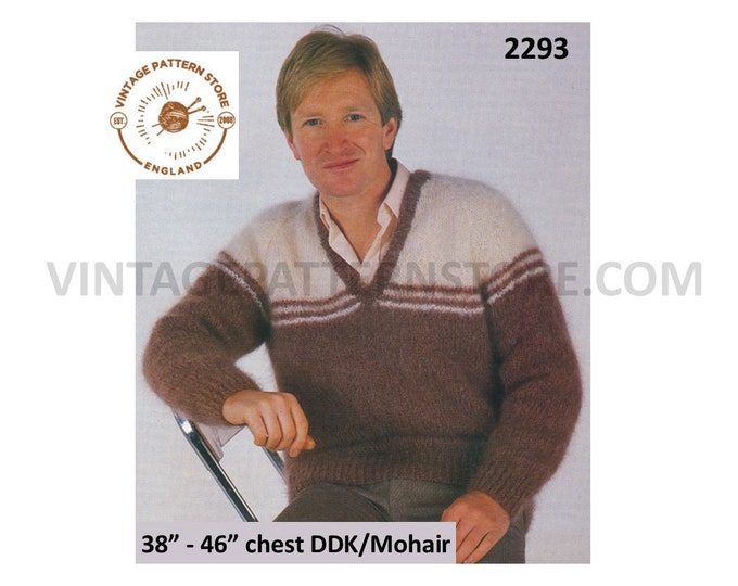 Mens Mans 80s vintage easy to knit V neck striped contrast yoke raglan mohair sweater jumper pdf knitting pattern 38" to 46" Download 2293