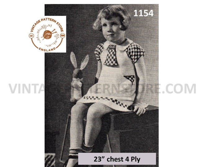 Girls 30s vintage retro 4 ply check panel short sleeve raglan party dress pdf knitting pattern 23" chest Instant PDF download 1154