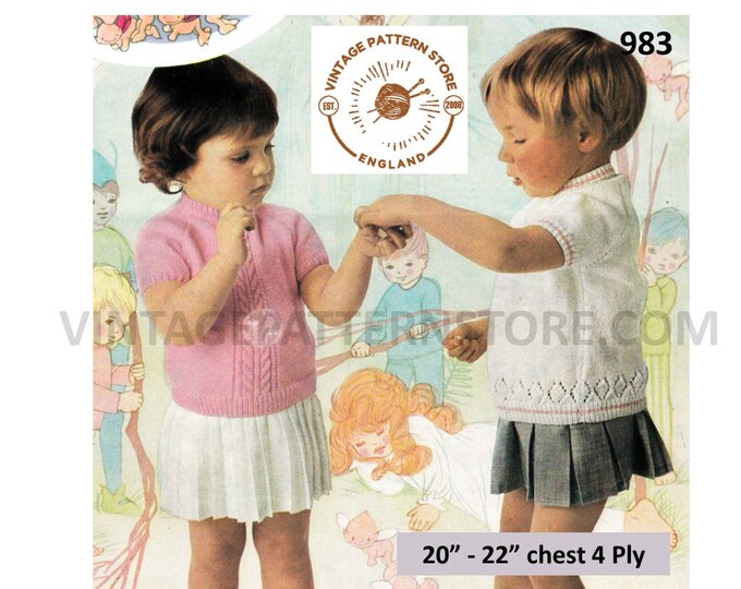 Baby Babies Toddlers Girls 70s 4 ply crew neck eyelet lace or cable short sleeve sweater jumper pdf knitting pattern 20" to 22" Download 983