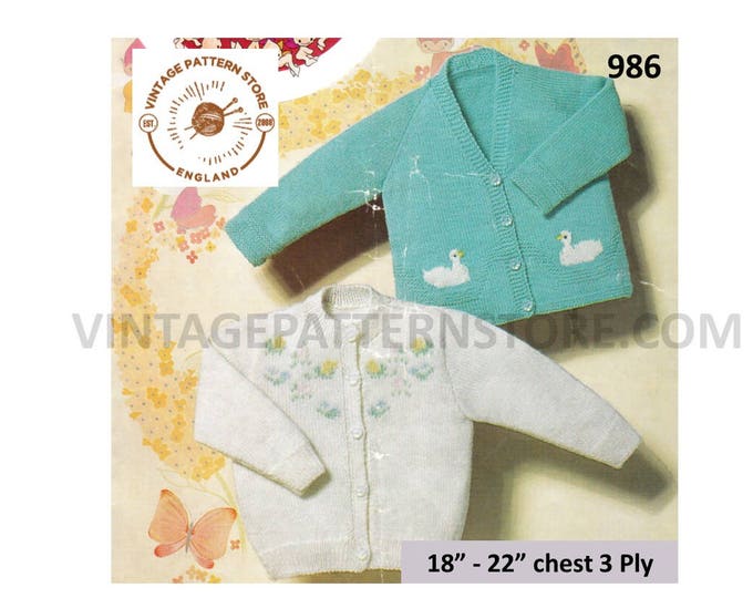 Baby Babies Toddlers 60s vintage 3 ply round V neck floral duck intarsia motif raglan cardigan pdf knitting pattern 18" to 20" Download 986