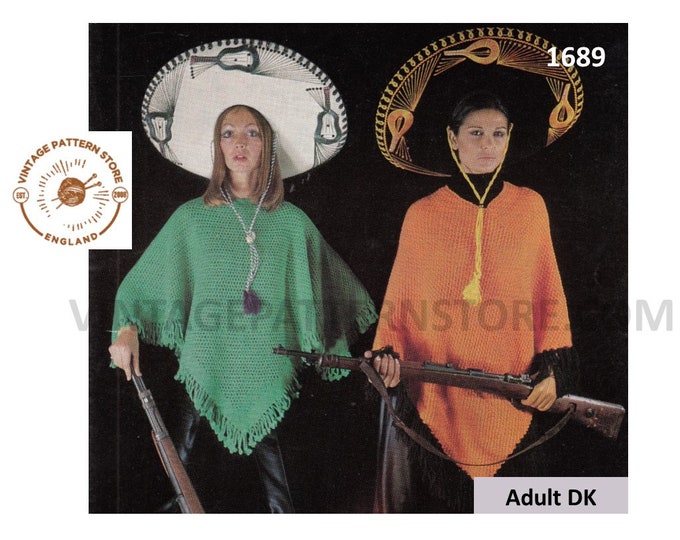 Ladies Womens 70s vintage easy to knit V neck plain poncho pdf crochet pattern and round neck fringed poncho knitting pattern download 1689