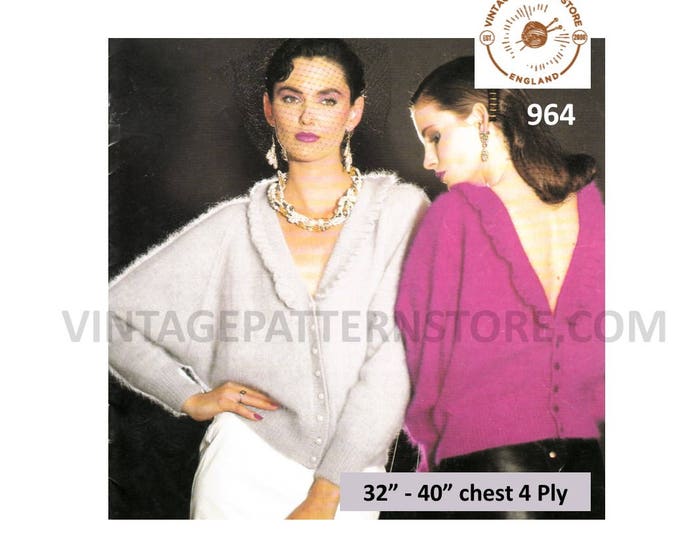 Ladies Womens 80s vintage 4 ply or angora scallop edge shawl collar backwards batwing cardigan pdf knitting pattern 32" to 40" Download 964