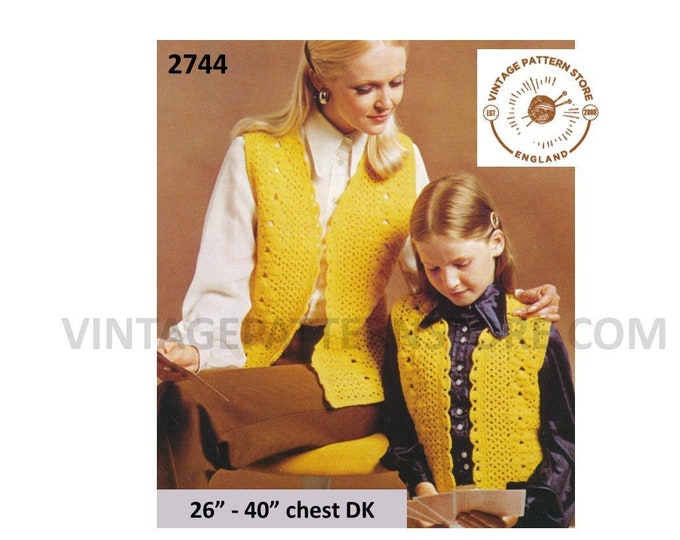 Ladies Girls 70s vintage DK V neck lacy picot waistcoat sleeveless cardigan pdf crochet pattern 26" to 40" chest Instant PDF download 2744