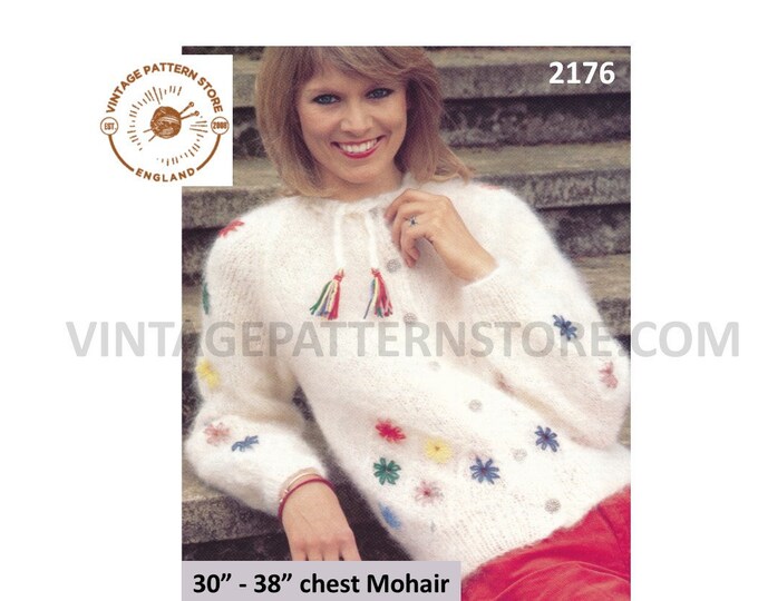 Ladies Womens 80s vintage easy to knit round neck raglan mohair cardigan with opt embroidery pdf knitting pattern 30" to 38" Download 2176