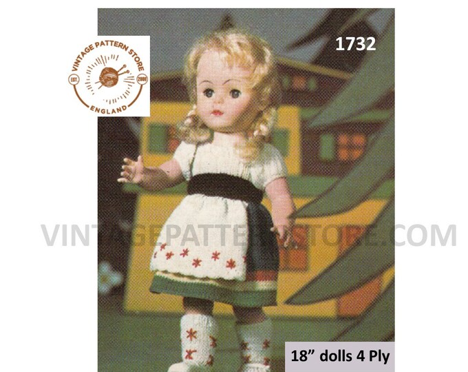 70s vintage 18" 4 ply dolls clothes Swiss national dress pdf knitting pattern Instant PDF download 1732