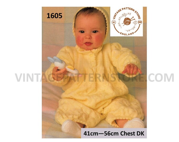 Baby Babies 90s DK all in one romper play suit & picot bonnet pdf knitting pattern 41cm to 56cm chest Instant PDF Download 1605