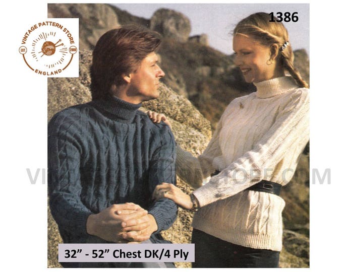 Womens Mens 4 ply or DK oversized plus size extra large polo neck cabled raglan sweater jumper pdf knitting pattern 32" to 52" Download 1386