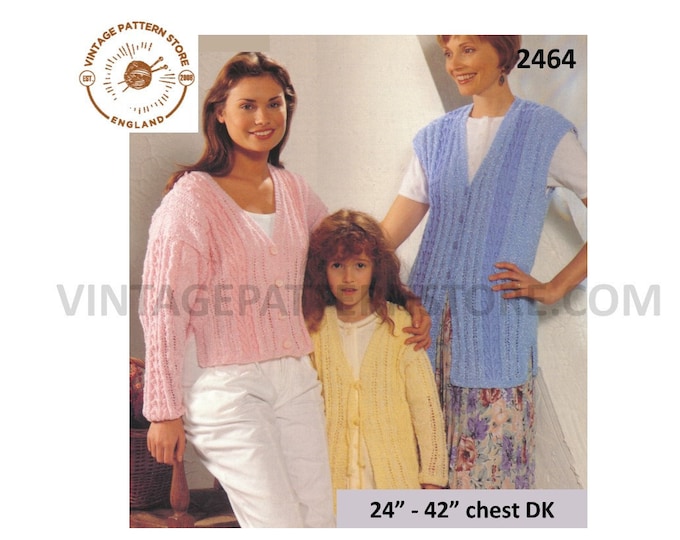 Ladies Womens Girls 90s long and cropped cable cabled lacy raglan DK cardigan & waistcoat pdf knitting pattern 24" to 42" PDF Download 2464