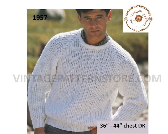 Mens Mans 90s quick and easy to knit round neck raglan DK sweater jumper pdf knitting pattern 36" to 44" chest Instant PDF download 1957