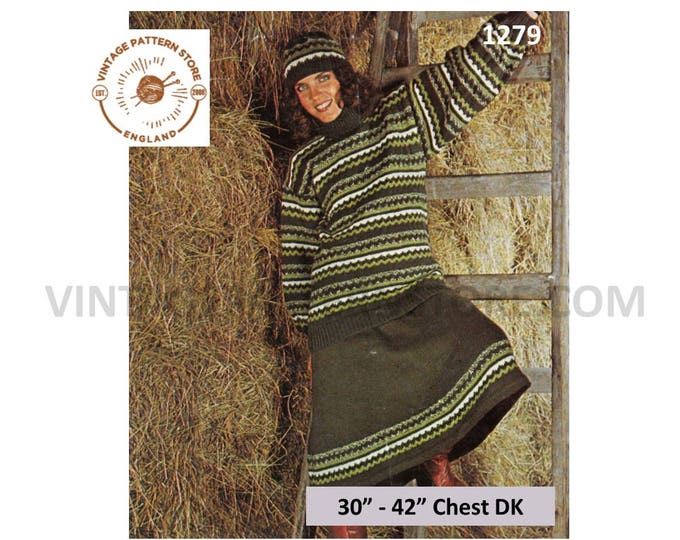 Ladies Womens 70s vintage DK polo neck fair isle drop shoulder dolman sweater and A line skirt pdf knitting pattern 30" to 42" Download 1279