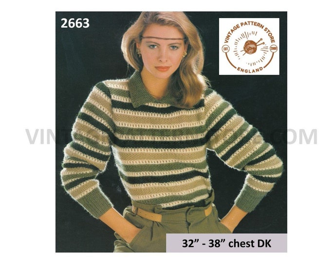 Ladies Womens 80s vintage collared round neck striped lacy raglan DK sweater jumper pdf knitting pattern 32" to 38" chest PDF download 2663