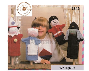 80s vintage DK toy witch soldier nurse and clown glove puppet pdf knitting pattern 12" tall Instant PDF download 1642