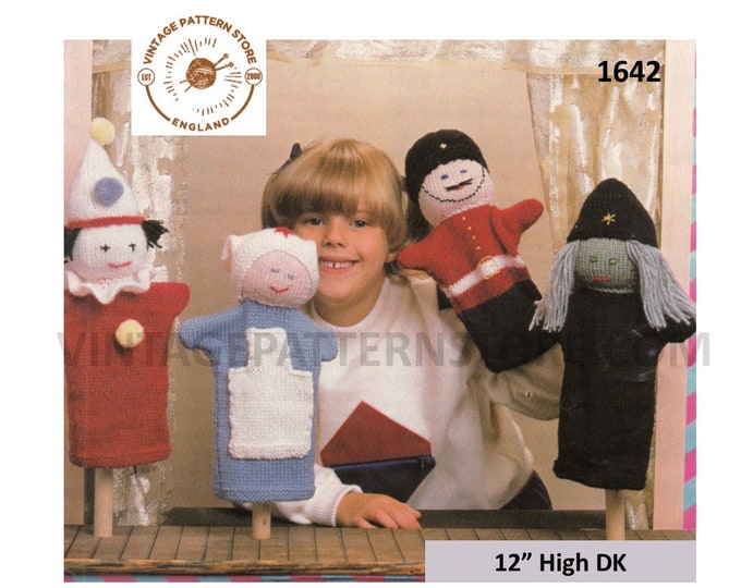 80s vintage DK toy witch soldier nurse and clown glove puppet pdf knitting pattern 12" tall Instant PDF download 1642