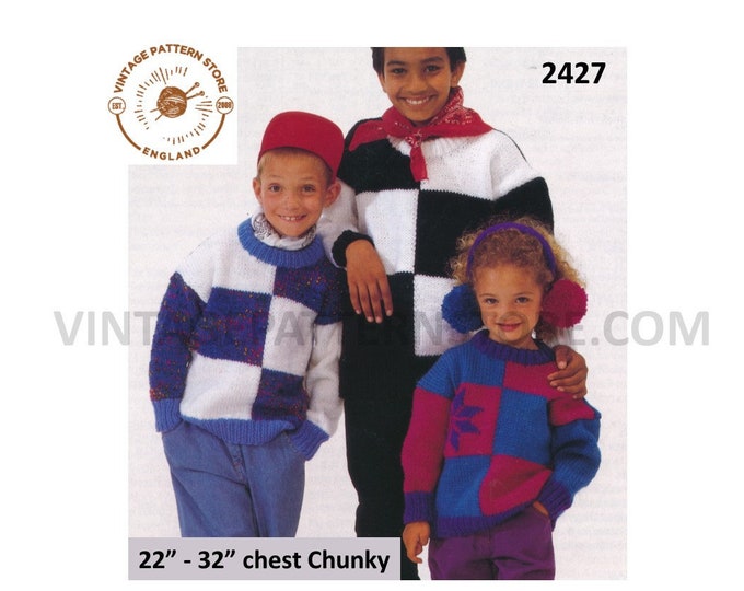 Girls Boys 90s easy to knit intarsia check chunky knit drop shoulder dolman sweater jumper pdf knitting pattern 22" to 32" download 2427