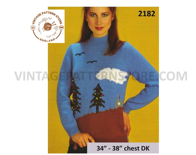 Ladies Womens 70s vintage DK round neck Christmas Xmas raglan sweater jumper pullover pdf knitting pattern 34" to 38" chest Download 2182