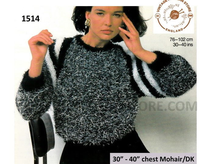 Ladies Womens 90s crew neck mohair or DK striped dolman sweater jumper pdf knitting pattern 30" to 40" chest Instant PDF Download 1514