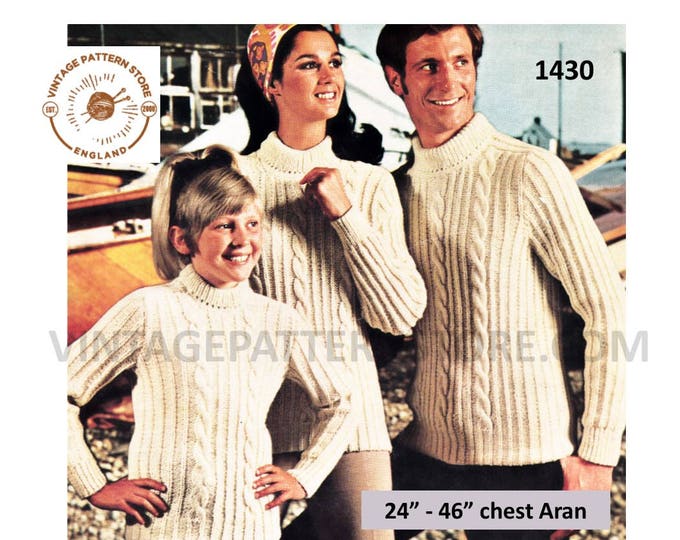 Ladies Womens Mens Girls Boys 70s family crew neck cable cabled raglan aran sweater jumper pdf knitting pattern 24" to 46"  Download 1430