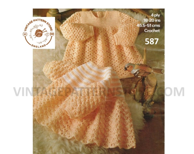 Baby Babies 80s vintage 4 ply round neck contrast yoke yoked lacy lace angel top & dress pdf crochet pattern 18" to 20" chest Download 587