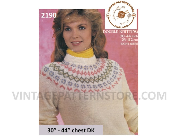 Ladies Womens 80s vintage DK crew neck fair isle yoke yoked raglan sweater jumper pdf knitting pattern 30" to 44" Instant Download 2190