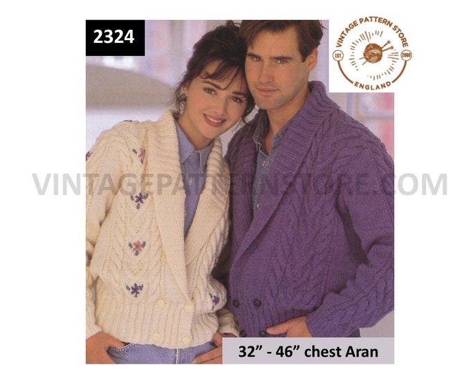 Ladies Womens Mens 90s shawl collar cable cabled double breasted raglan aran cardigan jacket pdf knitting pattern 32" to 46" download 2324