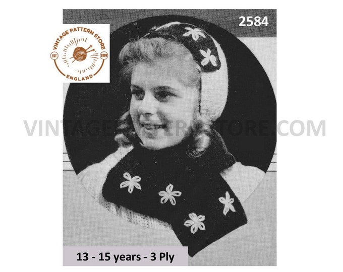 Girls 40s bonnet & scarf knitting pattern, Girls 1940s 3 ply parka hood and scarf with embroidery pattern - 13 - 15 Yrs - PDF download 2584