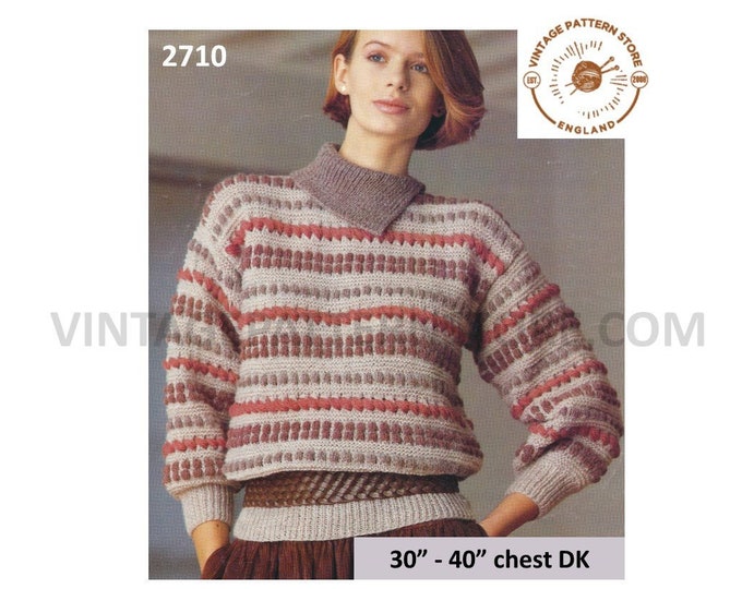 Ladies Womens 80s vintage split collar striped drop shoulder DK sweater jumper pdf knitting pattern 30" to 40" chest PDF download 2710