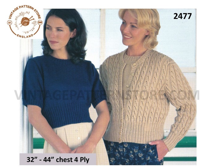 Ladies Womens 90s 4 ply round neck cable cabled cardigan & cropped short sleeve sweater jumper pdf knitting pattern 32" to 44" Download 2477