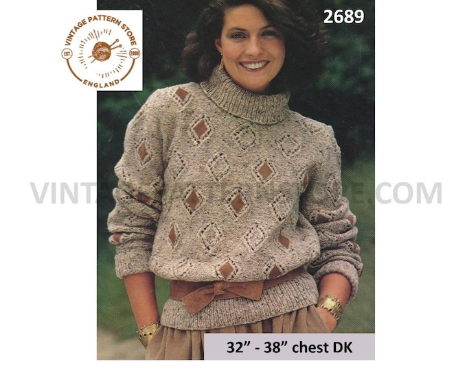 Womens Ladies 90s DK polo neck diamond lace lacy raglan sweater jumper with applique patches pdf knitting pattern 32" to 38" Download 2689
