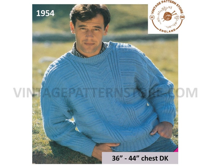 Mens Mans 90s DK round neck horizontal ribbed drop shoulder cable panel dolman sweater jumper pdf knitting pattern 36" to 44" Download 1954