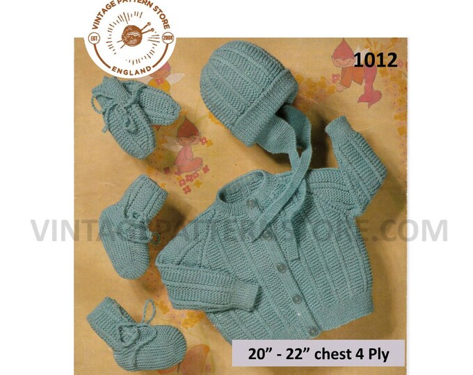 Baby Babies 60s vintage 4 ply pram set textured raglan cardigan bonnet booties and mittens pdf knitting pattern 20" to 22" Download 1012