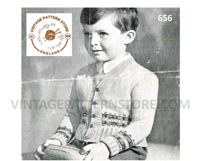 Boys Toodlers 40s vintage 3 ply V neck fair isle banded raglan cardigan pdf knitting pattern ages 2 to 4 years Instant PDF download 656