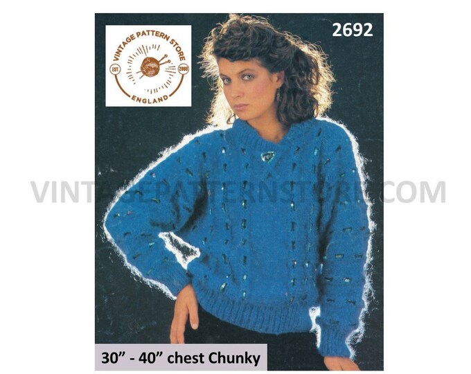 Ladies Womens 80s chunky knit ribbon or sequin braided drop shoulder dolman sweater jumper pdf knitting pattern 30" to 40" Download 2692
