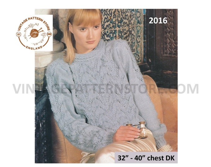 Ladies Womens 90s DK round neck cabled cable and lace drop shoulder dolman sweater jumper pdf knitting pattern 32" to 40" Download 2016