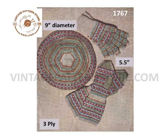 Girls 30s vintage 3 ply fair isle beret hat and gauntlet gloves pdf knitting pattern 5.5" palm size Instant PDF download  1767