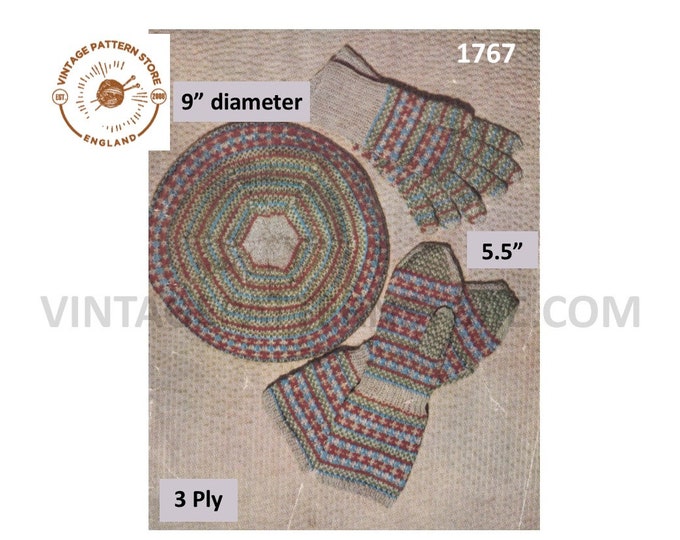 Girls 30s vintage 3 ply fair isle beret hat and gauntlet gloves pdf knitting pattern 5.5" palm size Instant PDF download  1767