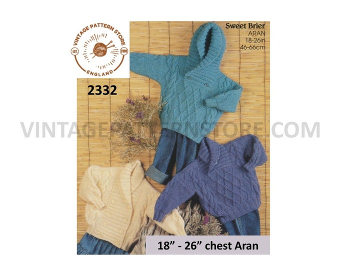 Baby Babies Toddlers shawl collar double breasted aran cardigan hoodie & sweater jumper pdf knitting pattern 18" to 26" chest Download 2332